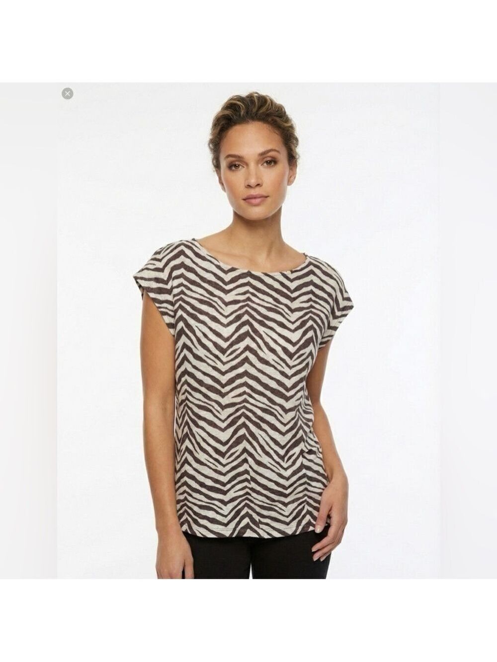 TAHARI 100% Linen Brown / Cream Zebra Print Cap Sleeve Tee Back Button Detail XL